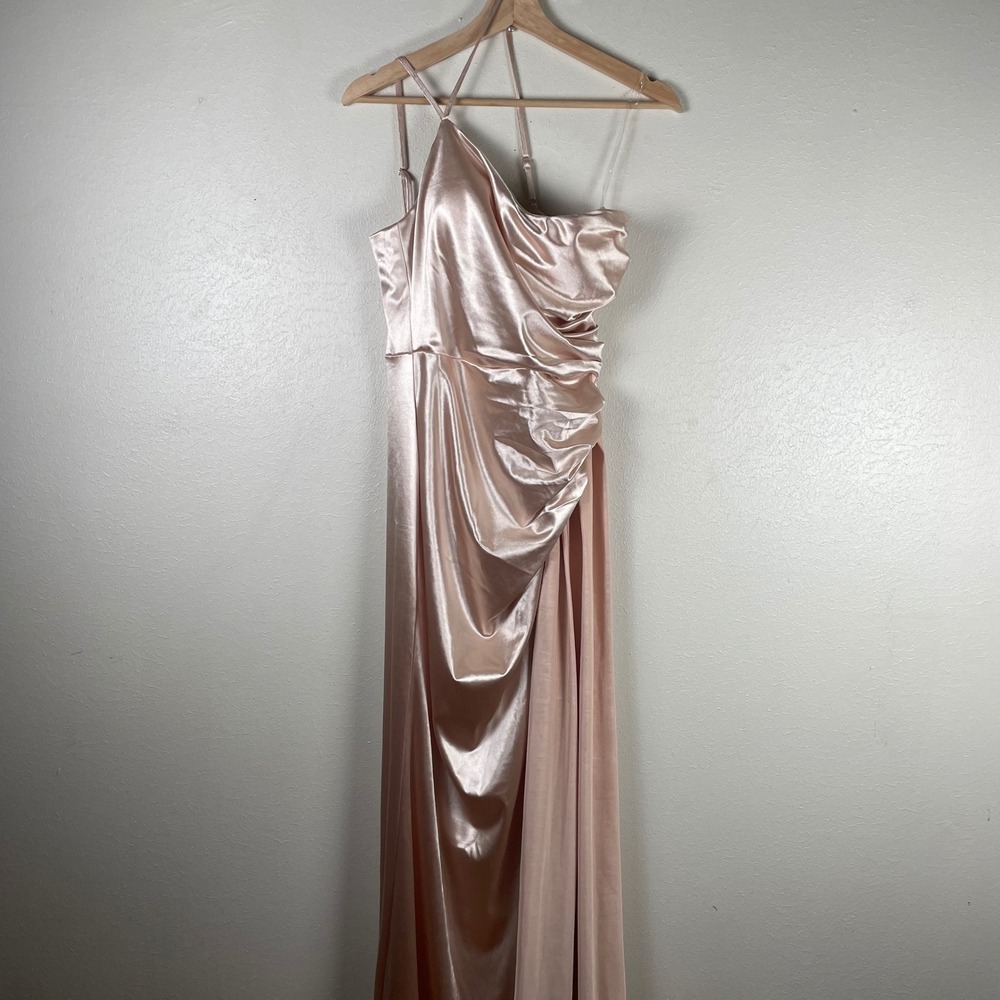 Faeriesty Champagne Satin‎ One Shoulder Ruched Maxi Dress Gown Large